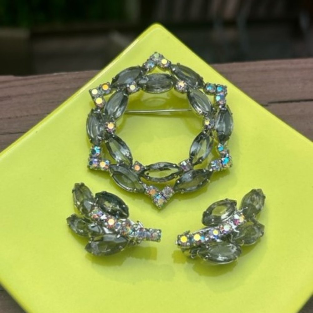 VTG DeLizza & Elster (D&E) AB Rhinestone Brooch Earrings SET